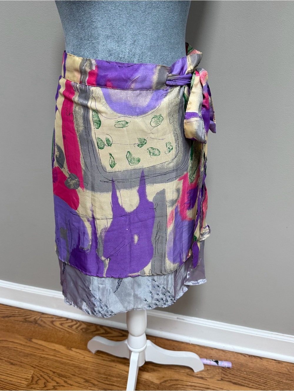 Enwrapture vintage magic silk blend wrap skirt one size watercolor print tie